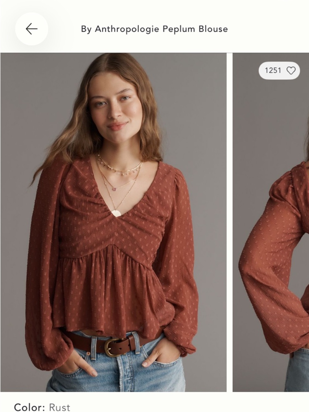 Anthropologie Rust Peplum V-Neck Blouse